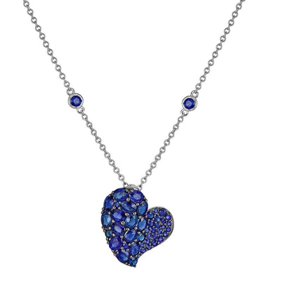 Pavé Blue Sapphire Station & Heart Necklace in 18K White Gold & Black Rhodium, 2.94cttw