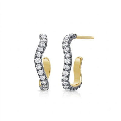Diamond-Lined A Top Black Rhodium Wavy Hoop Earrings in 14K Yellow Gold, 1.84cttw