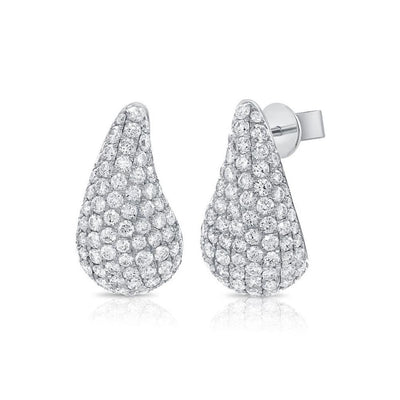 Pavé Diamond Teardrop Huggie Earrings in 14K White Gold, 3.82cttw