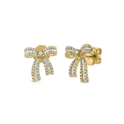 Pavé Round & Baquette Diamond Bow Earrings in 14K Yellow Gold, 0.99cttw