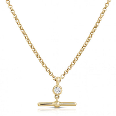 Round Diamond Solitaire T-Bar Pendant Necklace with Rolo Chain in 14K Yellow Gold, 0.36ct