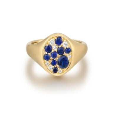 Blue Sapphire & Diamond Oval Cluster Pinky Ring in 14K Yellow Gold, 0.50cttw