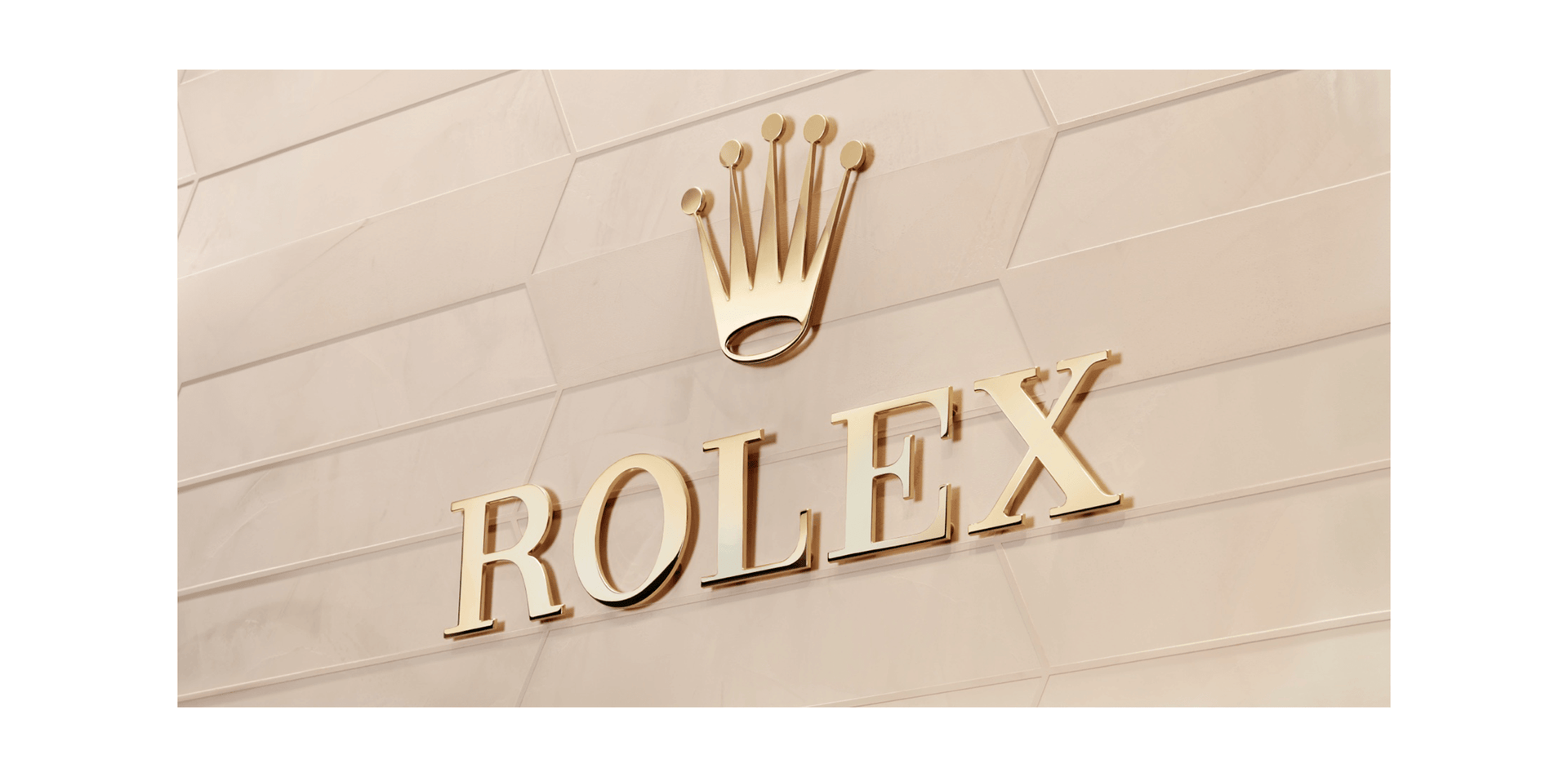 Rolex logo in yellow gold with crown image sitting above block ROLEX text on a wall with beige trapezoid tile