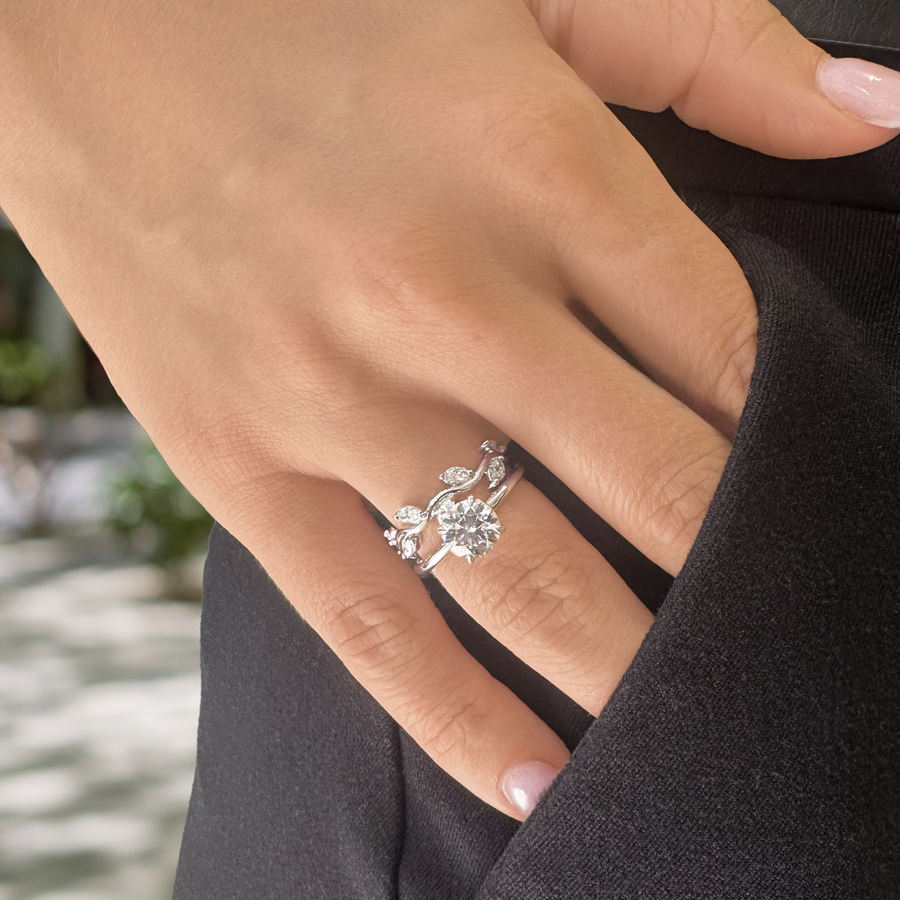 Floral Diamond Band and Solitaire Engagement Ring 