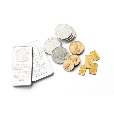 Silver and gold coins and bars on a white background
