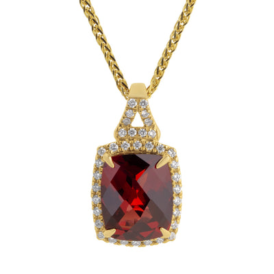 Diamond Halo, Cushion-Cut Garnet Necklace in 14K Yellow Gold, 4.02cttw