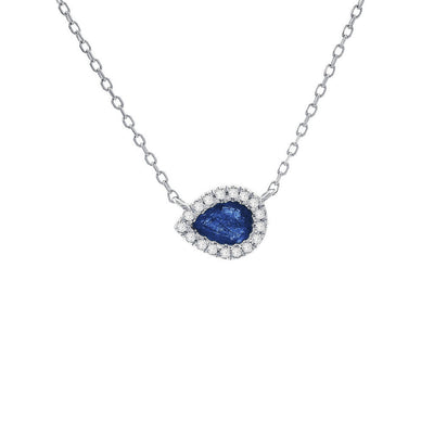 Stationed Pear Blue Sapphire with Diamond Halo 18IN Necklace in 14K White Gold