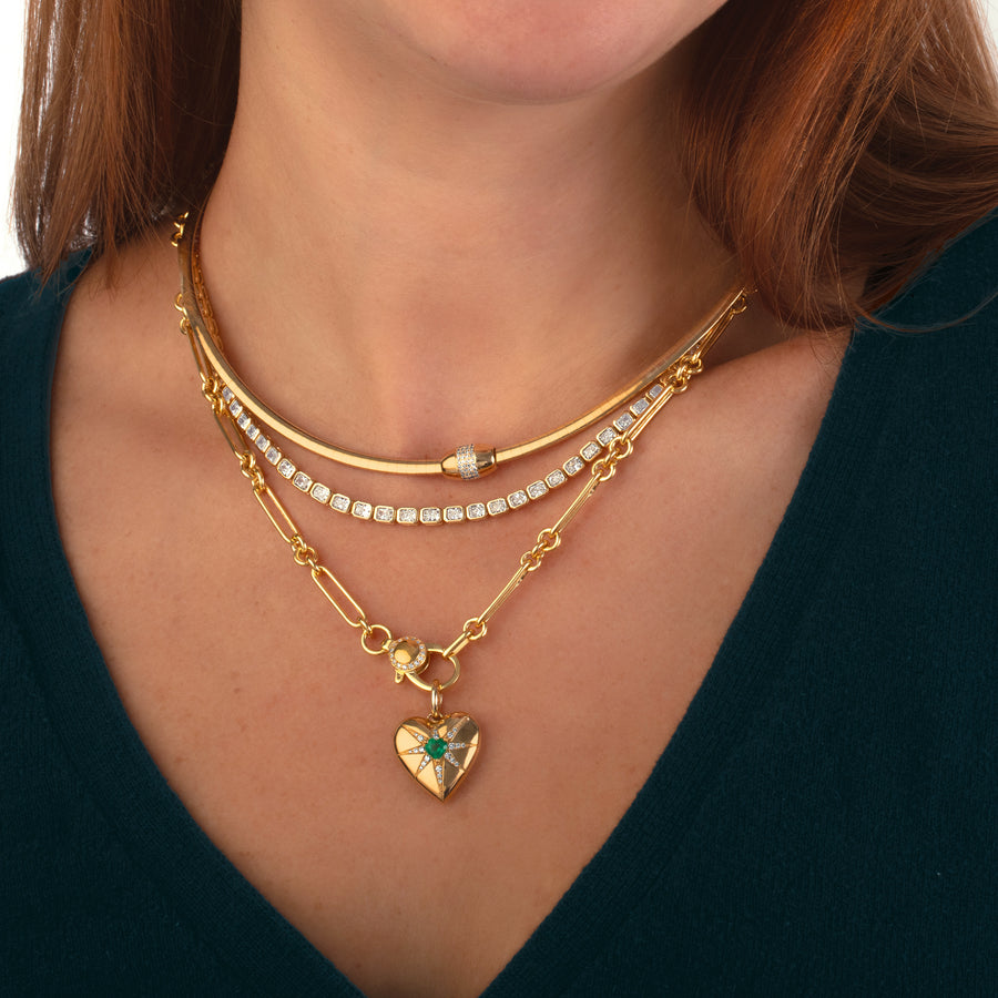 Yellow Gold Jewelry: Paperclip Necklace with Emerald Star Heart, Diamond Eternity Necklace, and Collar Necklace with Diamond Rondelle
