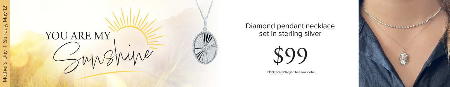 You are my sunshine. Mother's Day 2024. Diamond pendant necklace set in sterling silver. $99