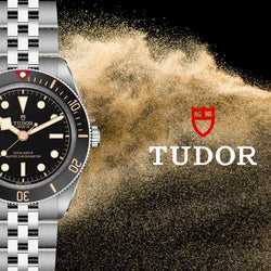 TUDOR Black Bay 58 Watch on a gold dust cloud and black background with TUDOR Logo