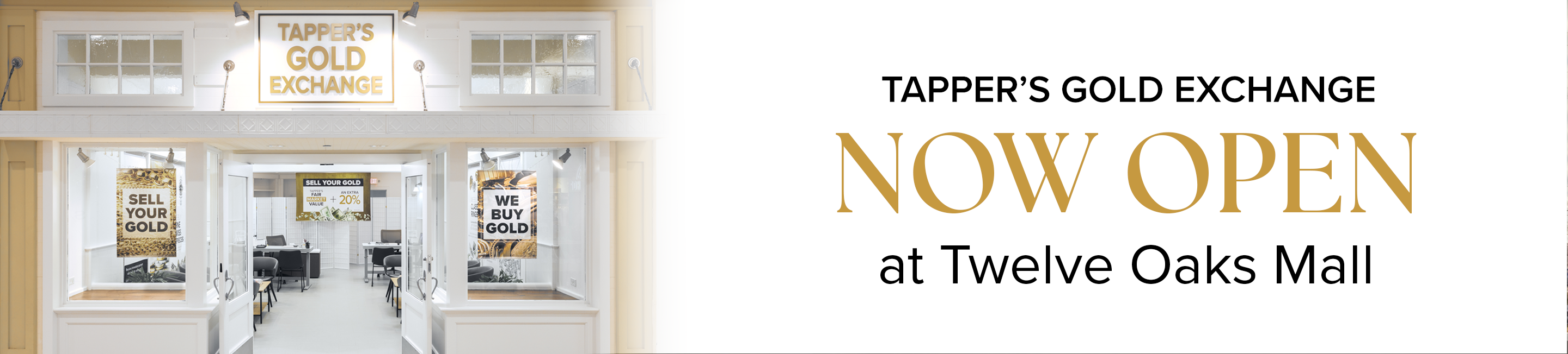 Store front inside Twelve Oaks Mall lit up with the words "Tapper's Gold Exchange NOW OPEN at Twelve Oaks Mall"