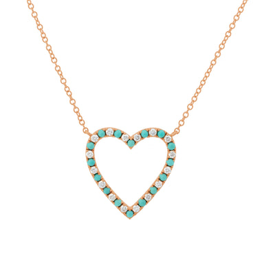 16 Round Diamond and 16 Turquoise 14K Rose Gold Heart Necklace