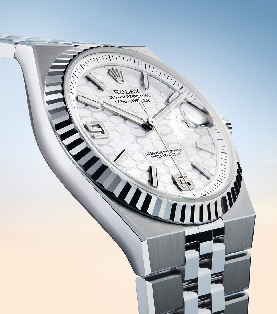 Silver Rolex watch with a white face on a gradient background