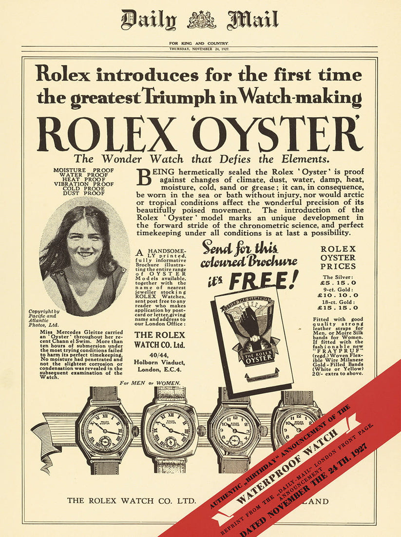 Vintage advertisement for Rolex Oyster watch featuring text and images of watches.