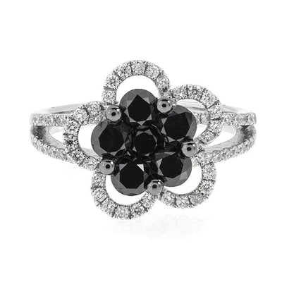 14 KARAT BLACK AND WHITE DIAMOND FLOWER RING