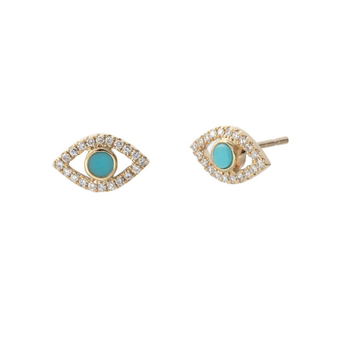 14k Gold Diamond and Turquoise Evil Eye Stud Earrings