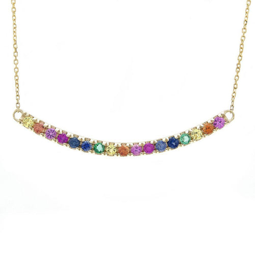 14k Gold Rainbow Bar Necklace with Emerald, Ruby, and Sapphires