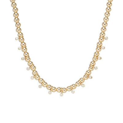 14 KARAT YELLOW GOLD BEAD ETERNITY NECKLACE WITH DANGLING DIAMONDS - Tapper's Jewelry 