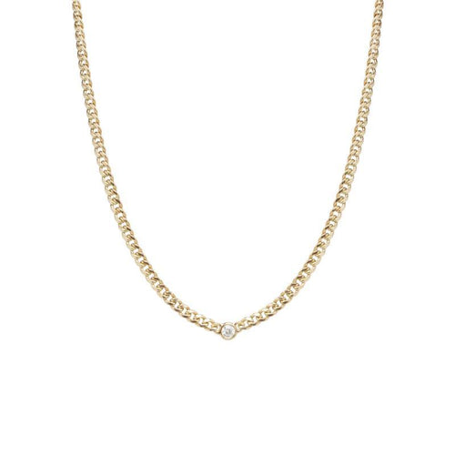 14K Yellow Gold Curb Chain Necklace with Floating Diamond