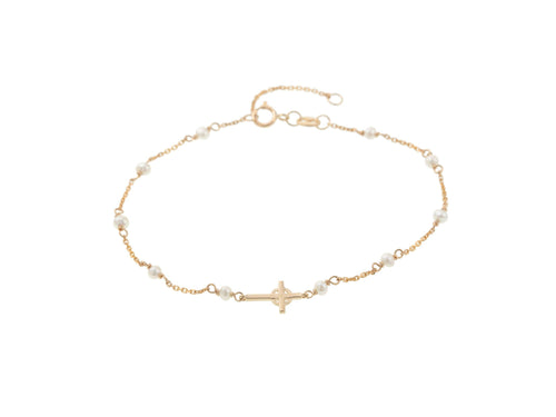 14K Yellow Gold Pearl Cross Bracelet