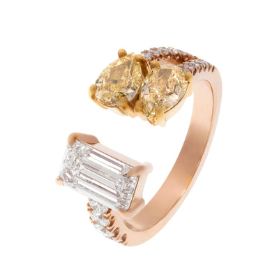 14K Rose Gold Emerald Cut Diamond and 2 Fancy Yellow Pears Diamond Ring - Tapper's Jewelry 