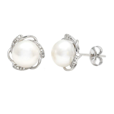 14K White Gold Cultured Pearl and Diamond  Earrings - Tapper's Jewelry 