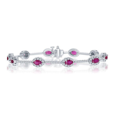Oval Ruby with Diamond Halo Bracelet in 14K White Gold
