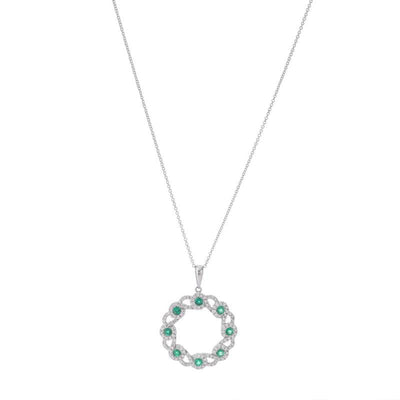 14K White Gold Diamond and Emerald  Necklace