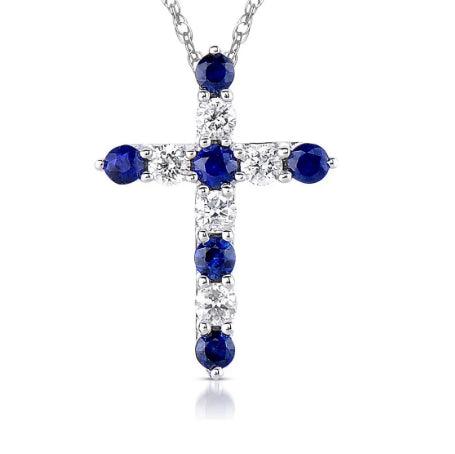 14K White Gold Sapphire and Diamond Cross Necklace