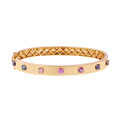 18 KARAT ROSE GOLD 7 ROUND PINK AND BLUE  SAPPHIRE BANGLE - Tapper's Jewelry 