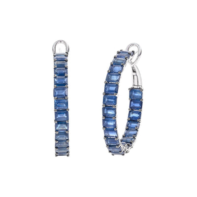 18 KARAT WHITE GOLD 42 EMERALD CUT BLUE SAPPHIRE EARRINGS - Tapper's Jewelry 