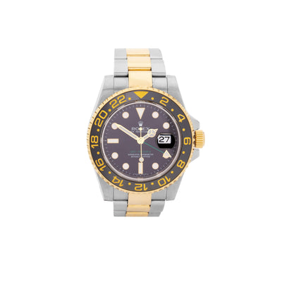 18K GOLD AND STAINLESS STEEL ROLEX GMT MASTER II 40MM WATCH - Tapper's Jewelry 