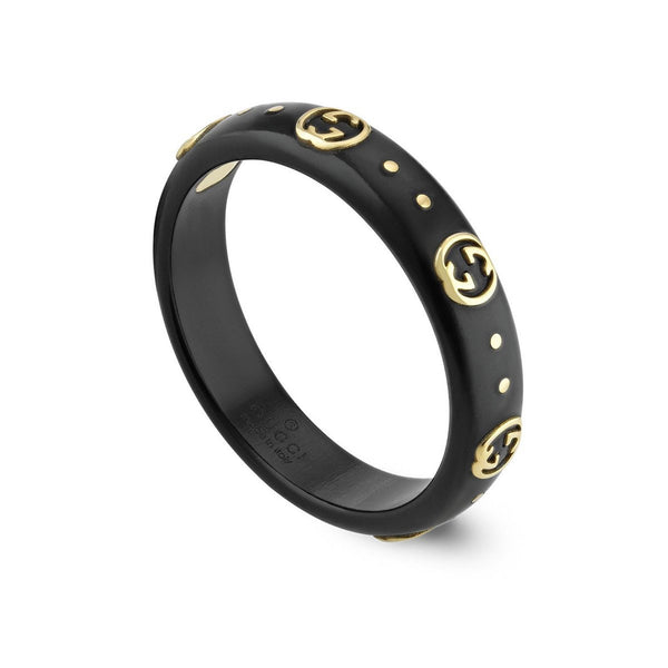 Gucci 4mm GG 18K Yellow Gold Black Corundum Ring