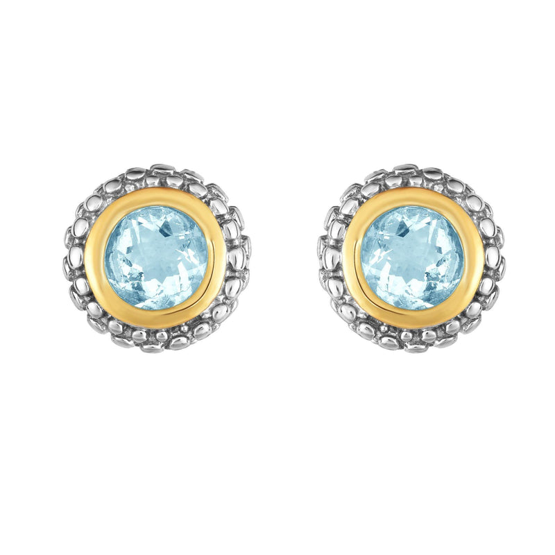 18K Yellow Gold and Sterling Silver Round Aquamarine Stud Earrings