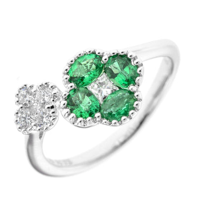 18K White Gold Diamond and Diamond  and Emerald Ring