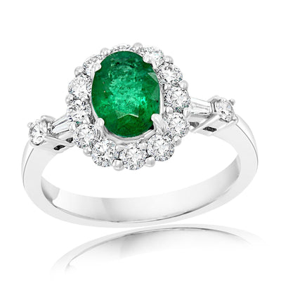 18K White Gold Emerald and Diamond  and Diamond Ring
