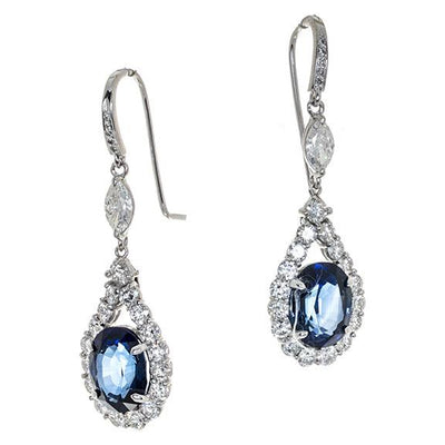 18K WHITE GOLD OVAL SAPPHIRE AND DIAMOND DROP EARRINGS - Tapper's Jewelry 