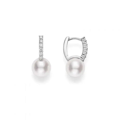 18K White Gold 8MM Akoya Pearl and Diamond Huggie Hoop Earrings - Classic Everyday Wear