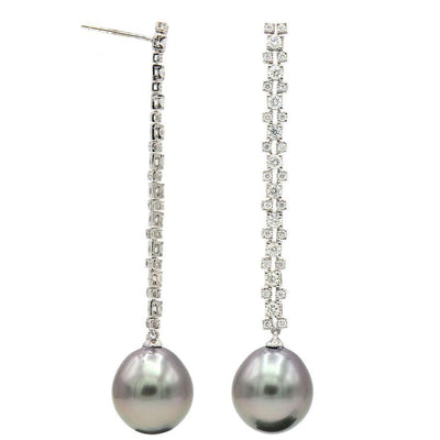 18K WHITE GOLD TAHITIAN PEARL DROP EARRINGS WITH DIAMONDS - Tapper's Jewelry 