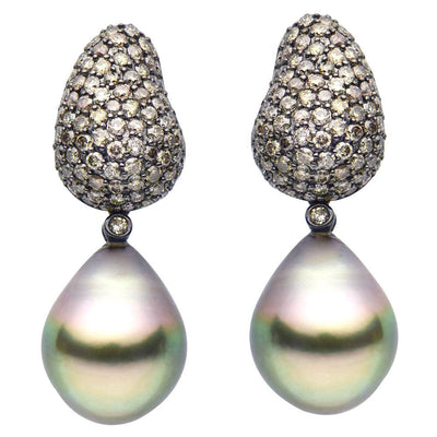 18K WHITE GOLD TAHITIAN PEARL EARRINGS WITH DIAMONDS - Tapper's Jewelry 