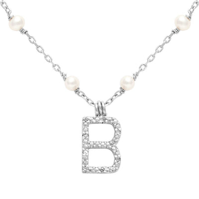 Sterling Silver Diamond Initial 'B' Necklace With Cultured Pearls