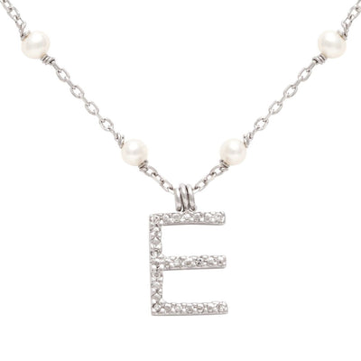 Sterling Silver Diamond 'E' Initial Pearl Necklace