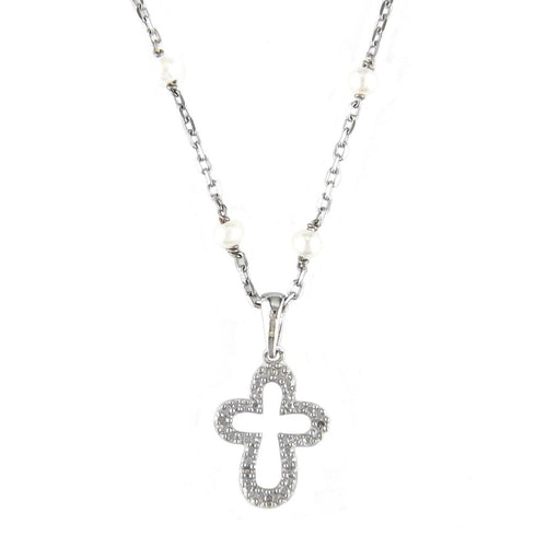 Sterling Silver Diamond Cross Necklace with Pearls