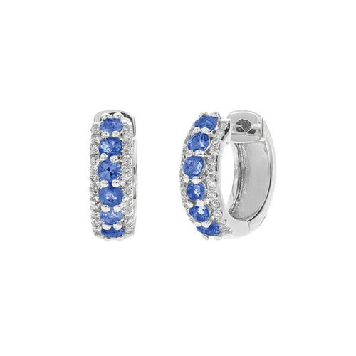 14K White Gold Sapphire and Diamond Huggie Earrings