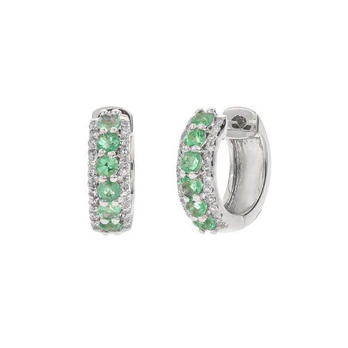 14K White Gold Diamond and Emerald Huggie Earrings