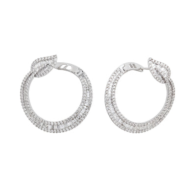 18K White Gold Diamond Leaf Hoop Earrings