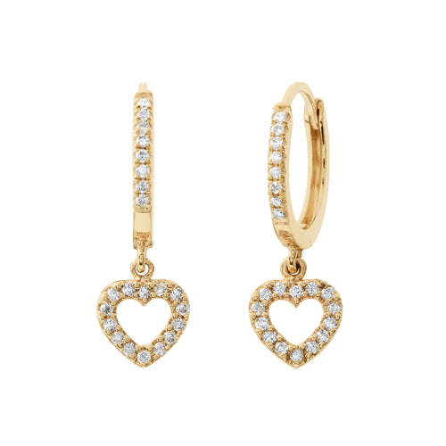 14K Yellow Gold Diamond Heart Hoop Earrings