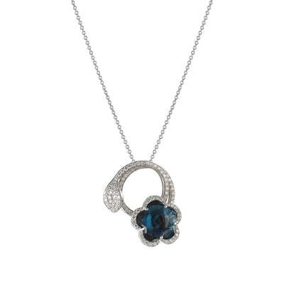 18K WHITE GOLD DIAMOND BLUE TOPAZ FLOWER NECKLACE - Tapper's Jewelry 