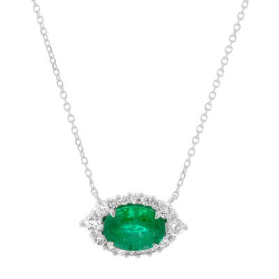 18K White Gold Emerald and Diamond  Necklace