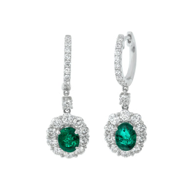 18K WHITE GOLD EMERALD AND DIAMOND EARRINGS